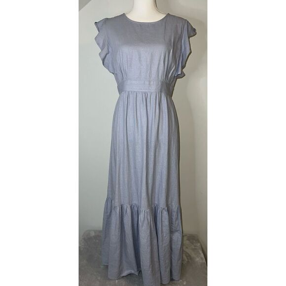 Cynthia Rowley Flutter Sleeves Blue Linen Maxi Dress Women’s Small - Picture 2 of 11